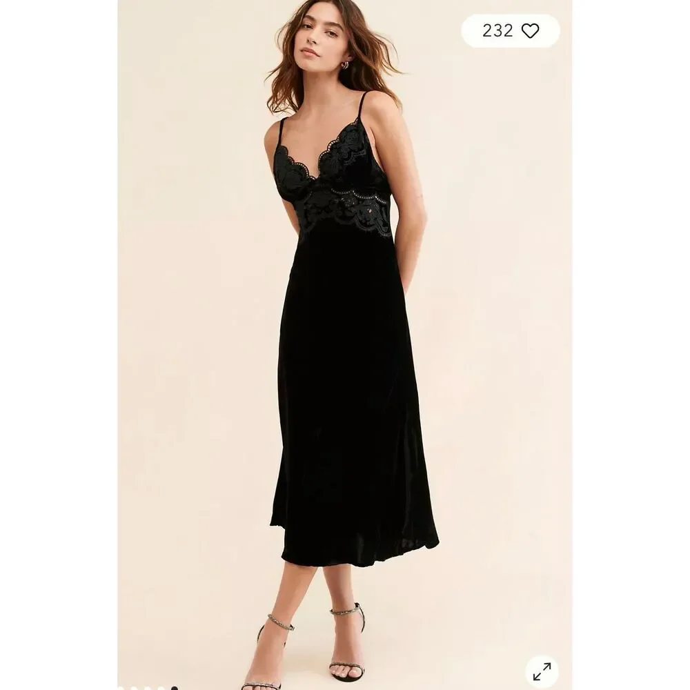 FARM Rio Size L Richelieu Velvet Slip Dress Black Embellished Midi Open Back - Picture 5 of 13